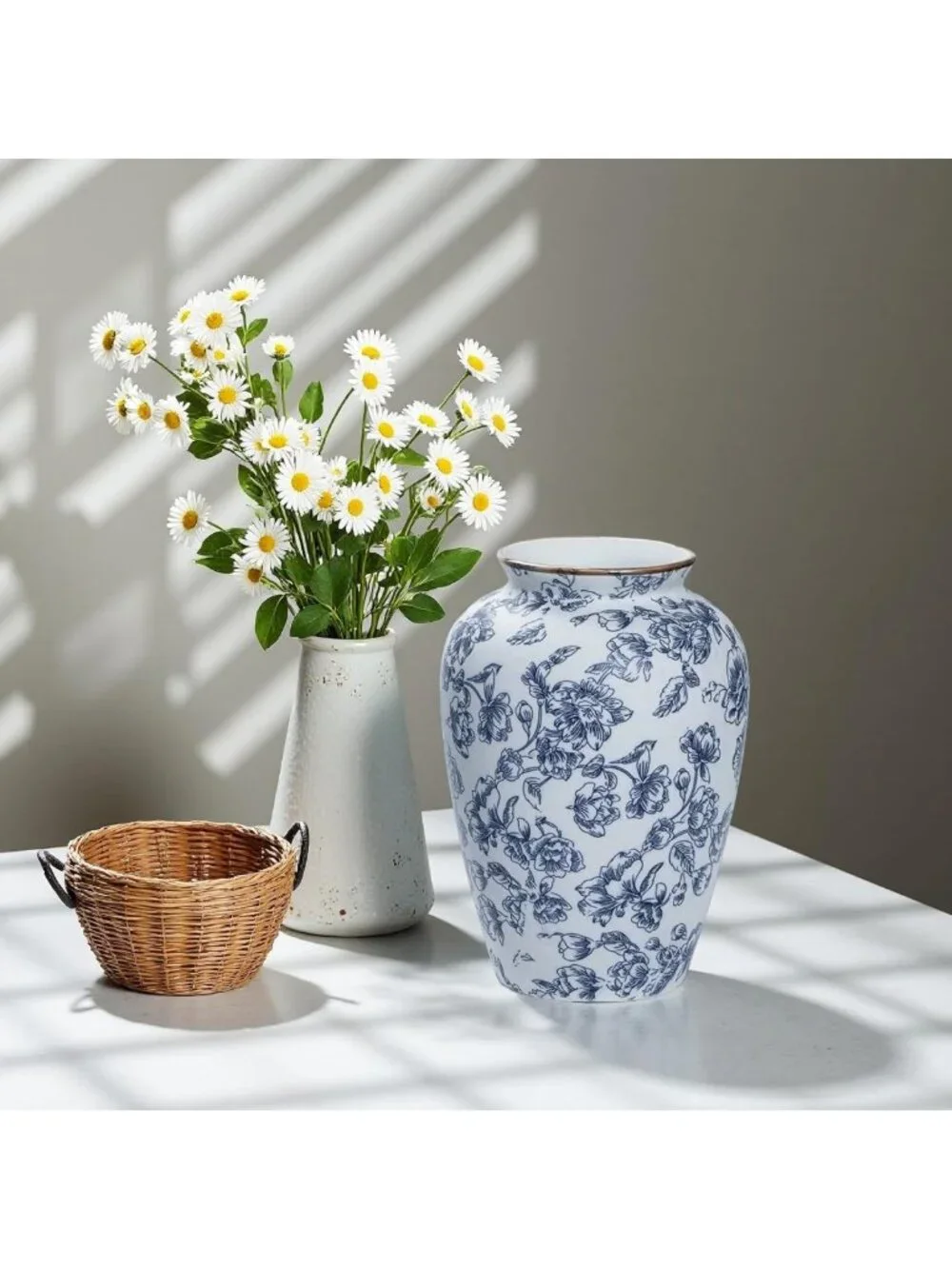 Vintage Blue and White Chinoiserie Ceramic Vase - Antique Floral Home Decor 9in